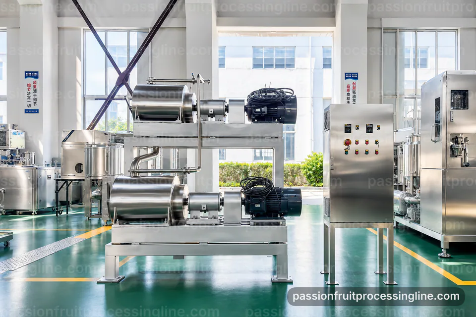 industrial passion fruit juice line, process sequence: pulp scooping with gentle seed separation section operating stage