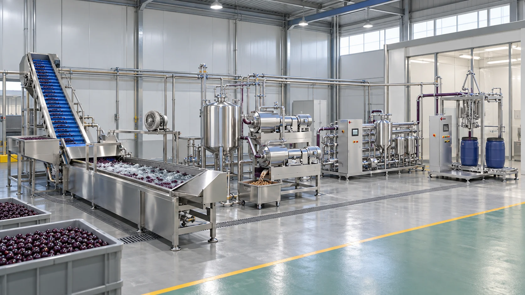 Conceptual factory layout of a whole-berry açaí pulp line showing reception and washing, two-stage pulping with a separate seed discharge, buffer tanks, a tubular thermal-treatment skid and aseptic bulk filling equipment