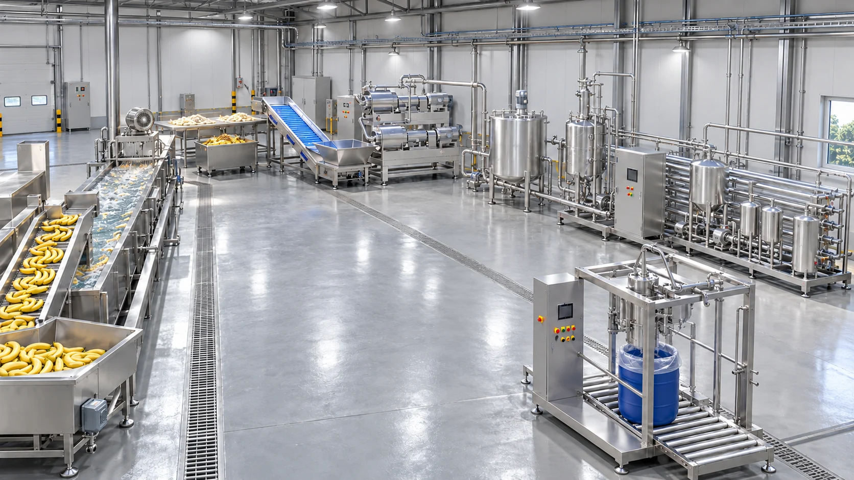Conceptual factory layout of a banana puree line: washing and peel separation, two-stage pulping and refining, buffer tanks, deaeration, thermal treatment and a drum filling interface