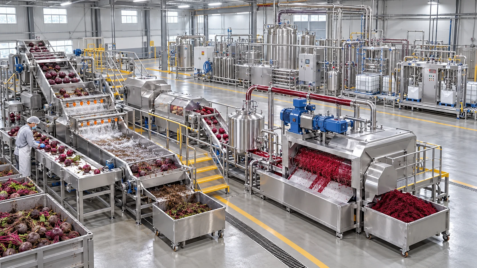 Reference-based conceptual beetroot juice base factory layout showing receiving, fruit-specific preparation, product treatment and packing interfaces
