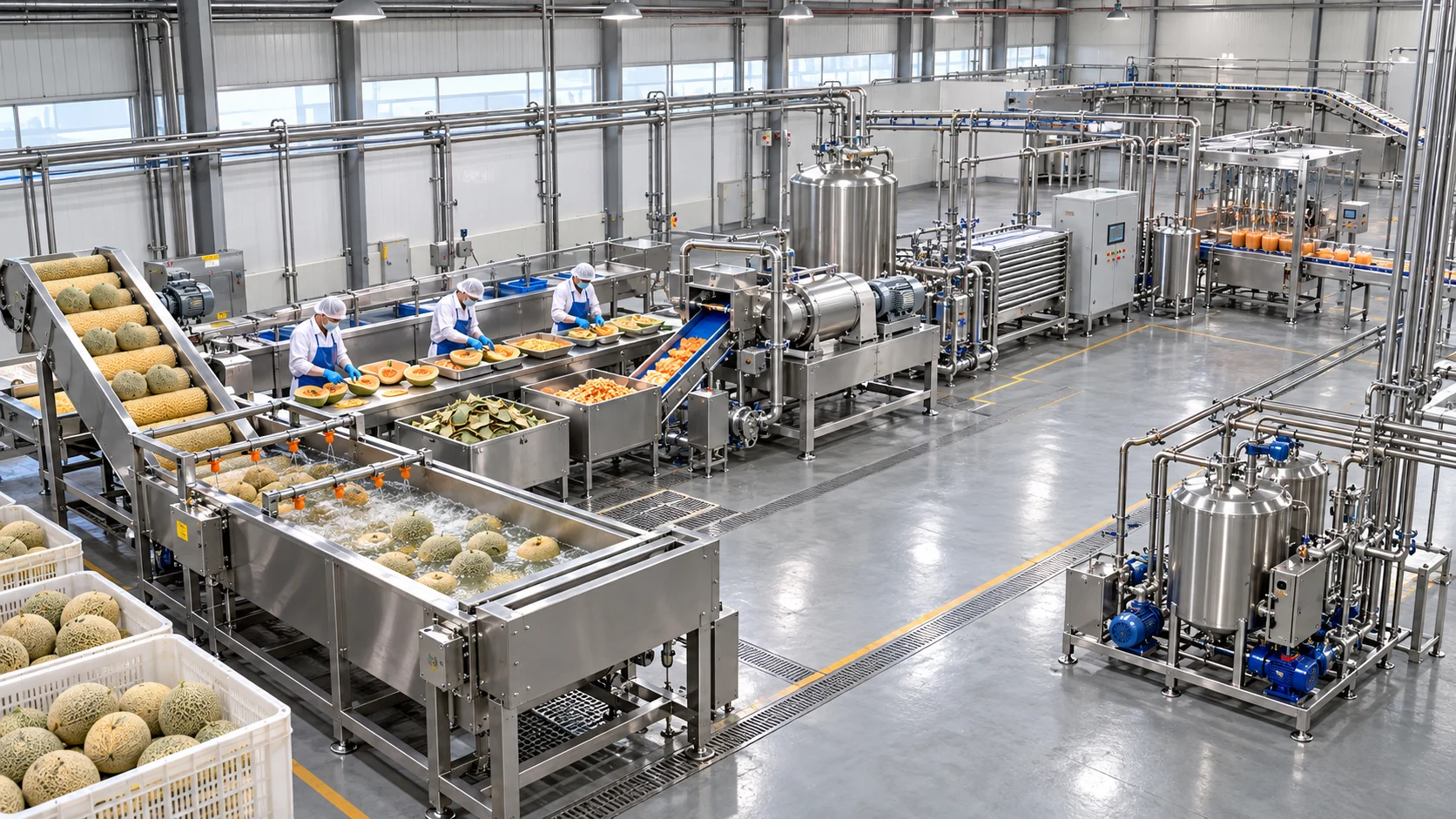Reference-based conceptual cantaloupe puree base factory layout showing receiving, fruit-specific preparation, product treatment and packing interfaces