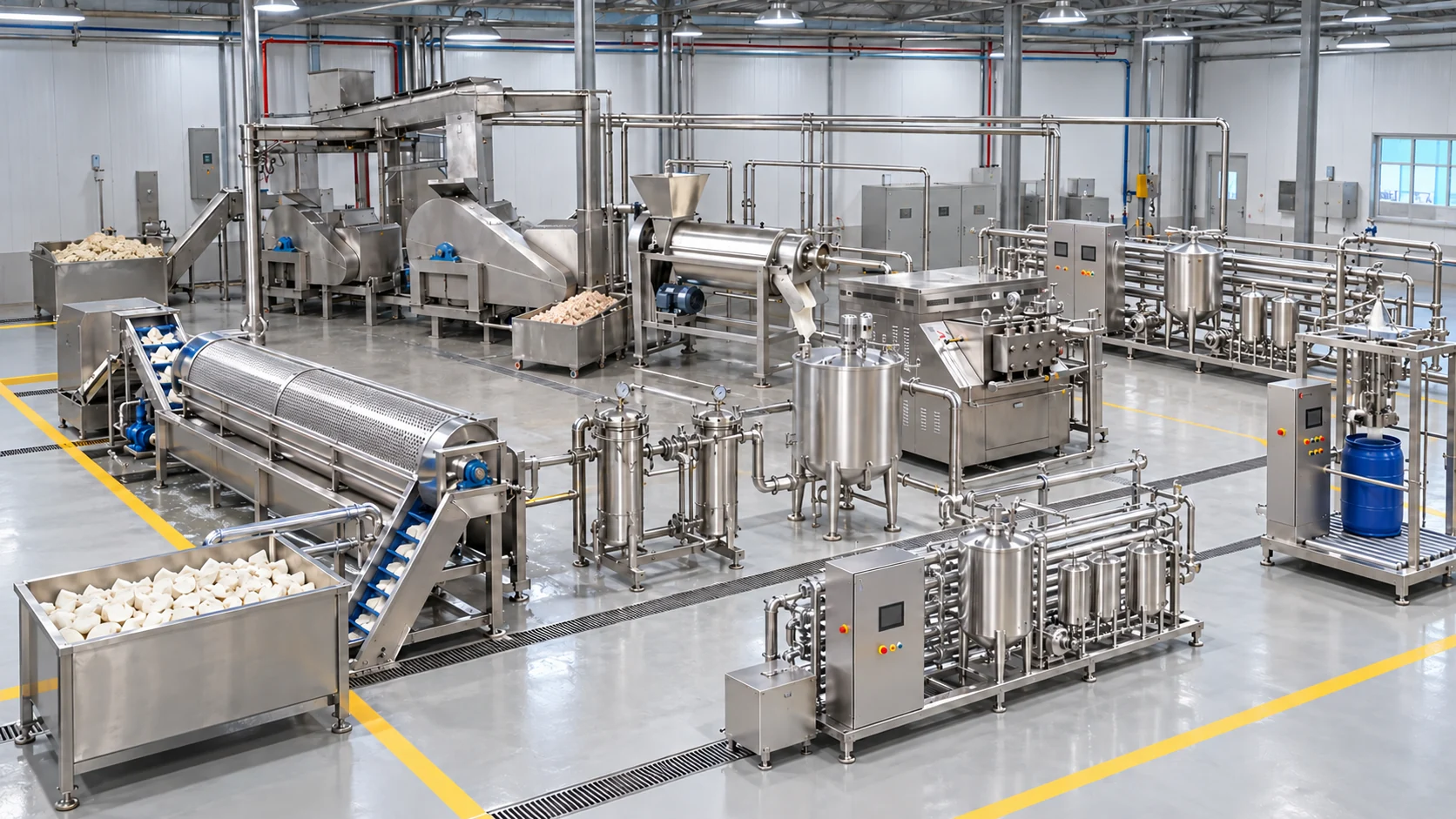 Conceptual coconut milk processing line from prepared kernel to pressing, blending, homogenization and packed ingredient.