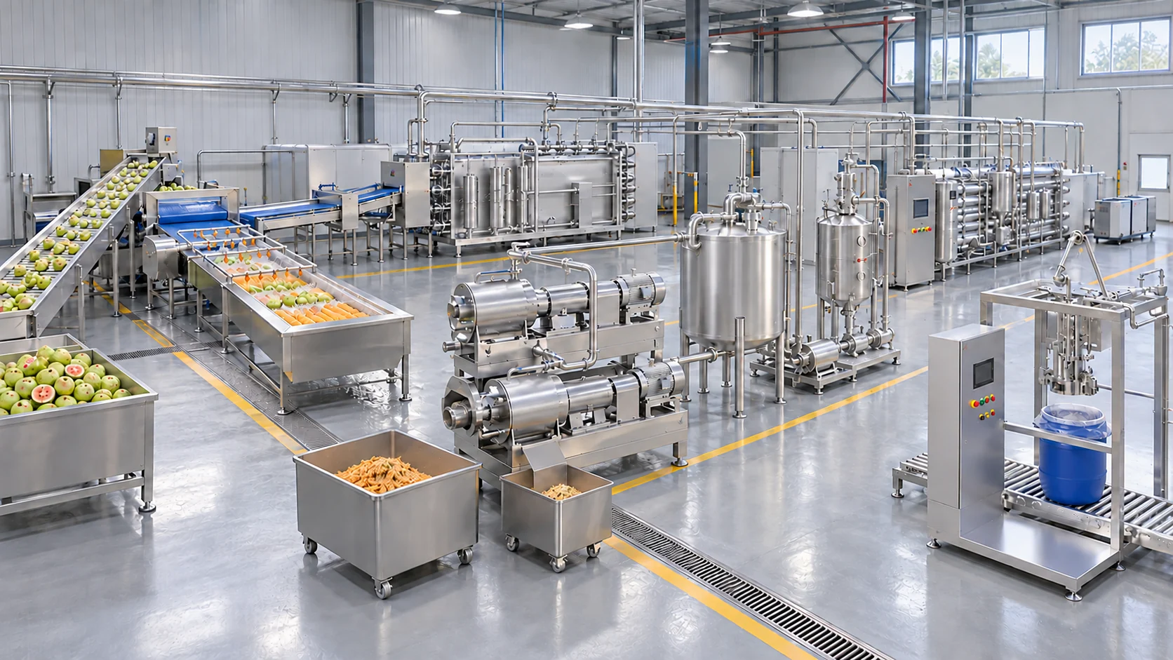 Conceptual guava factory layout with washing, inspection, conditional crushing and preheating, two-stage seed separation, pulp treatment and drum filling.