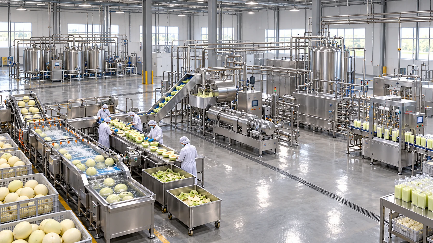 Reference-based conceptual honeydew puree base factory layout showing receiving, fruit-specific preparation, product treatment and packing interfaces