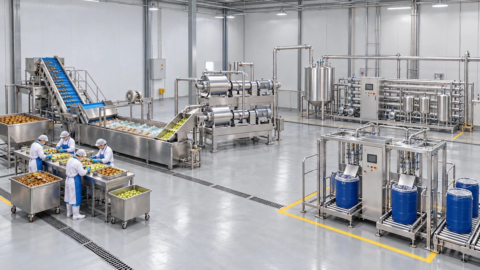 Conceptual process visualization of a kiwifruit puree processing line in a functional factory layout