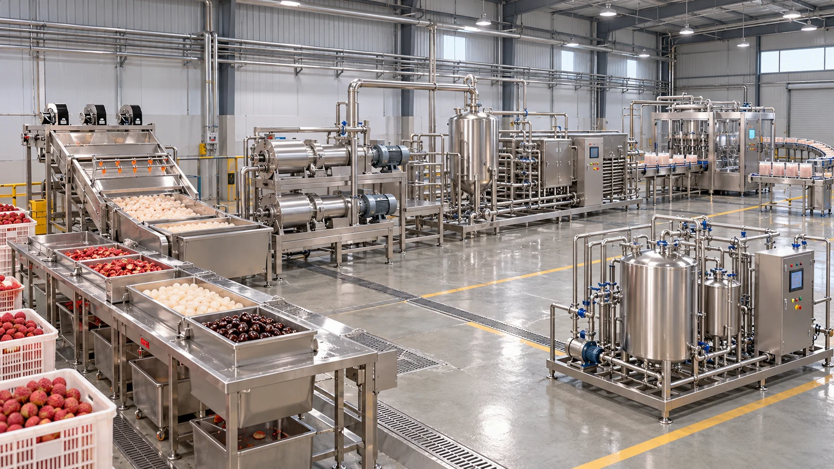 Reference-based conceptual lychee puree base factory layout showing receiving, fruit-specific preparation, product treatment and packing interfaces