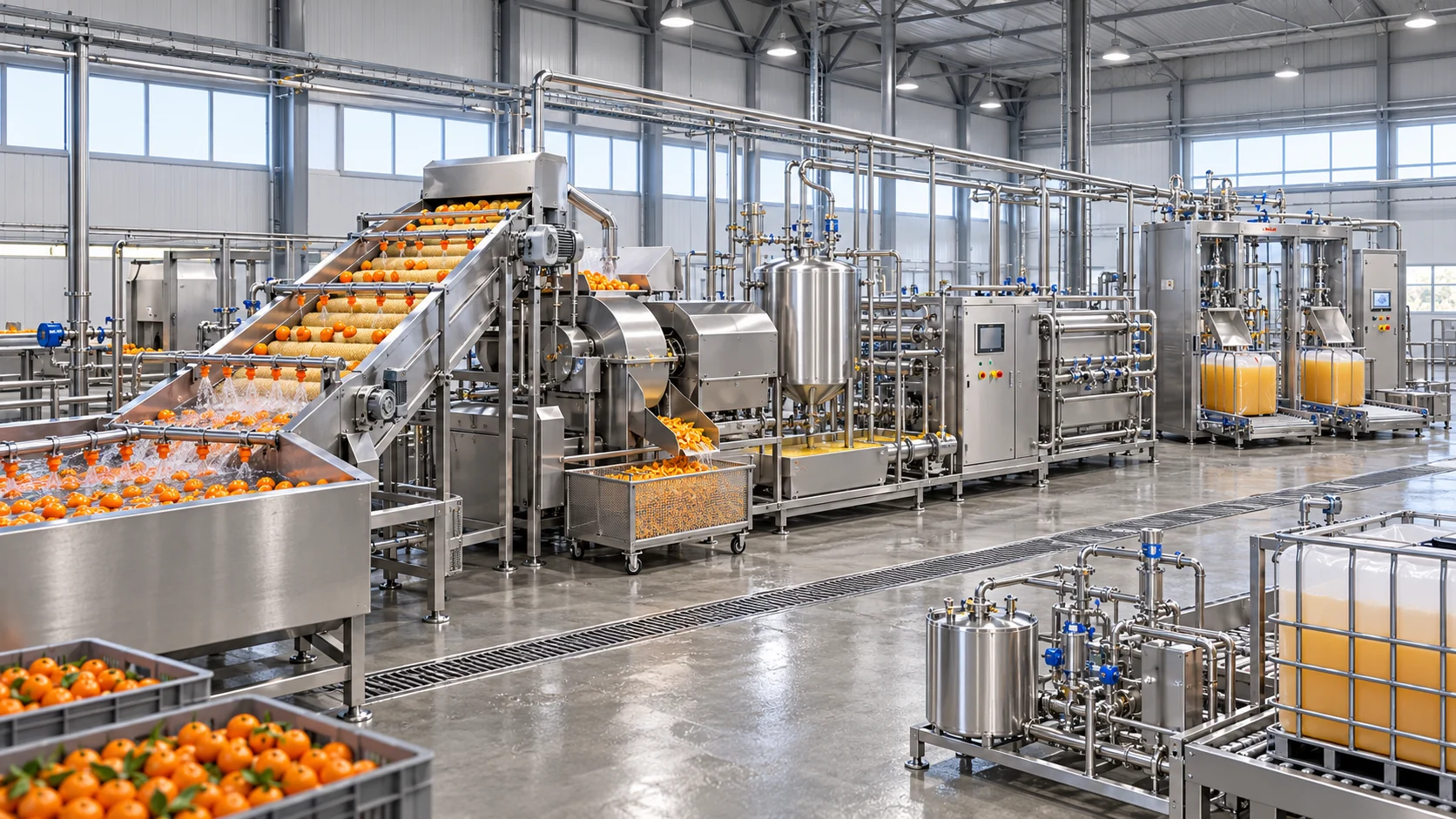 Reference-based conceptual mandarin juice factory layout showing receiving, fruit-specific preparation, product treatment and packing interfaces