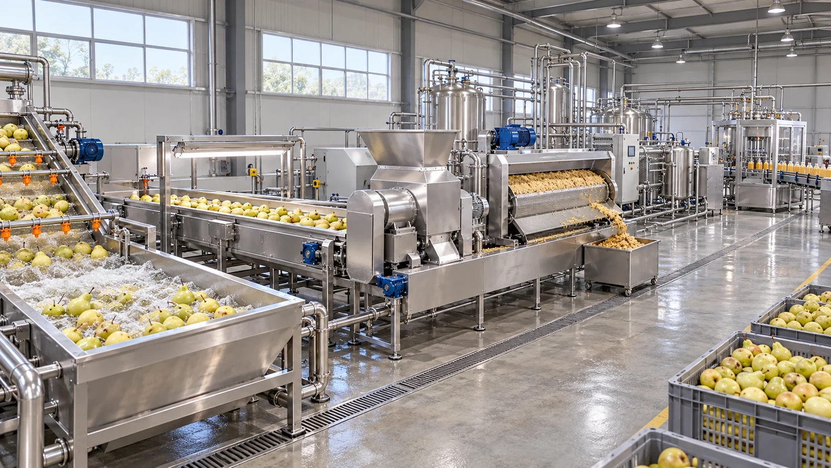 Reference-based conceptual pear juice factory layout showing receiving, fruit-specific preparation, product treatment and packing interfaces