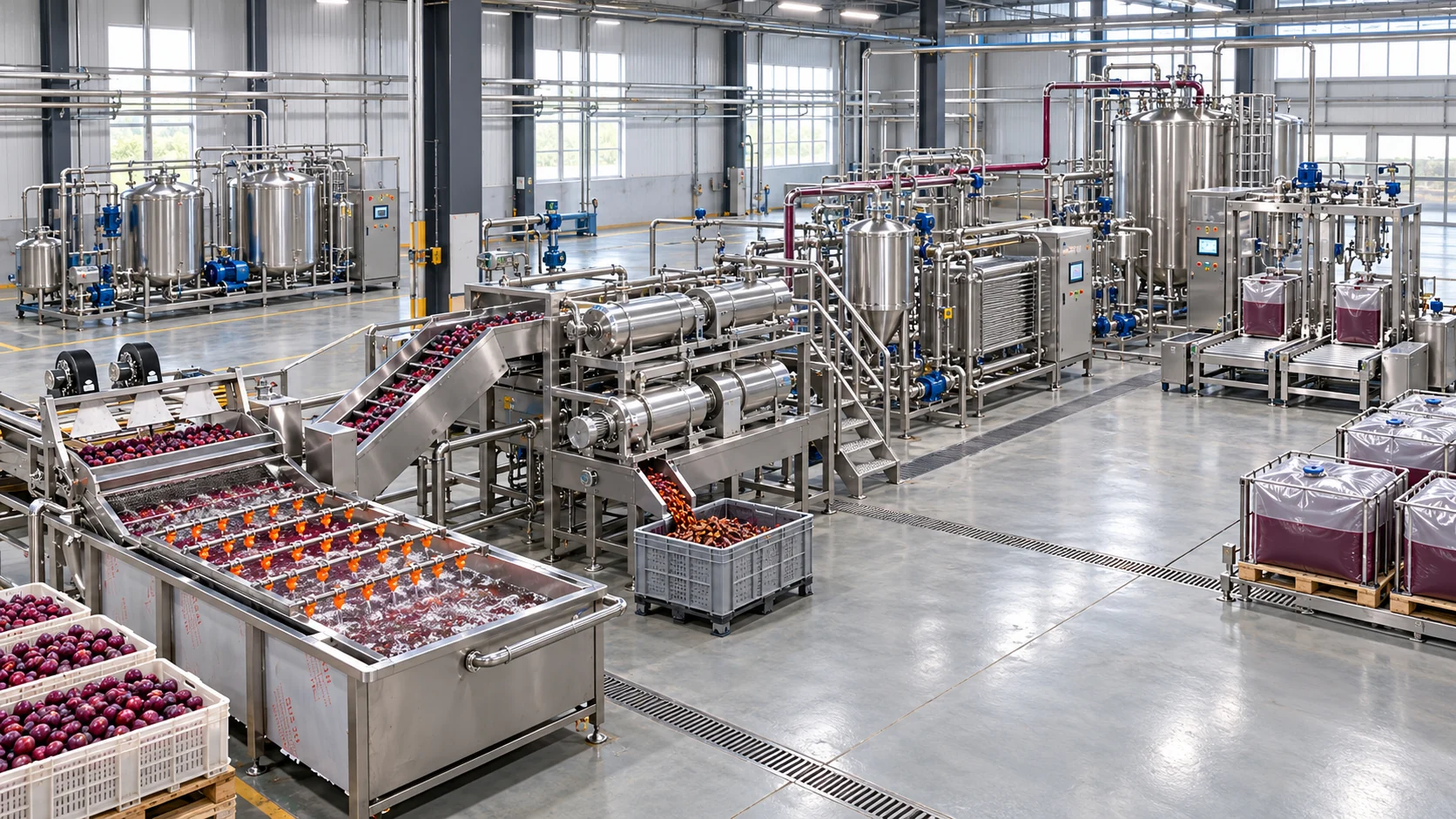 Reference-based conceptual plum puree factory layout showing receiving, fruit-specific preparation, product treatment and packing interfaces