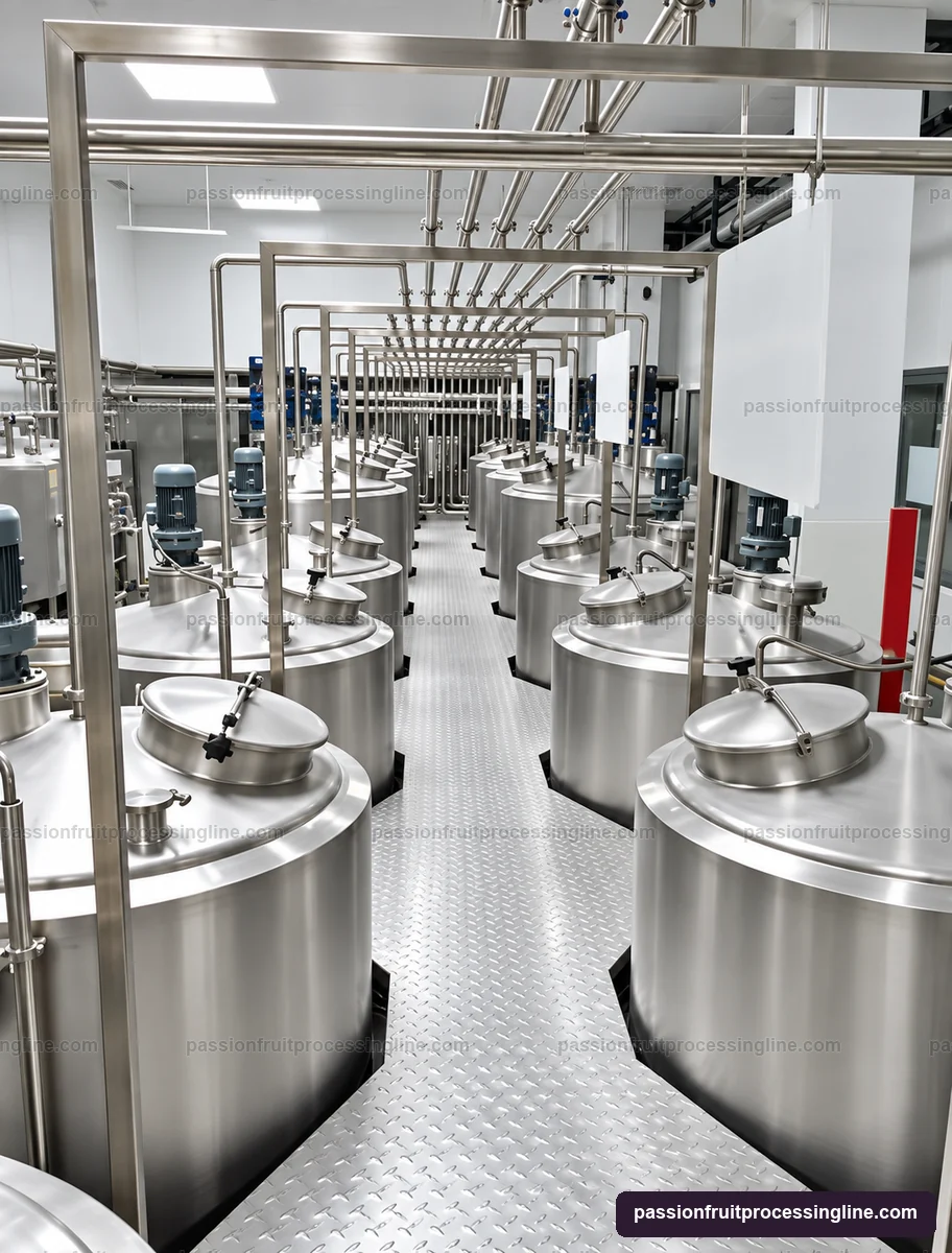 A row of top-drive process tanks with connecting pipework and a service platform